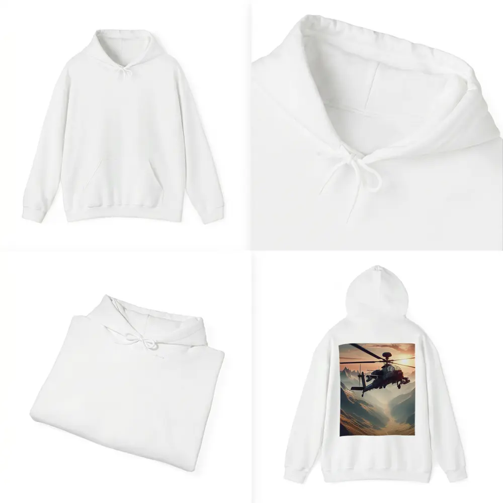 Military Apache Helicopter Flying Over Mountain Valley – Hoodies
