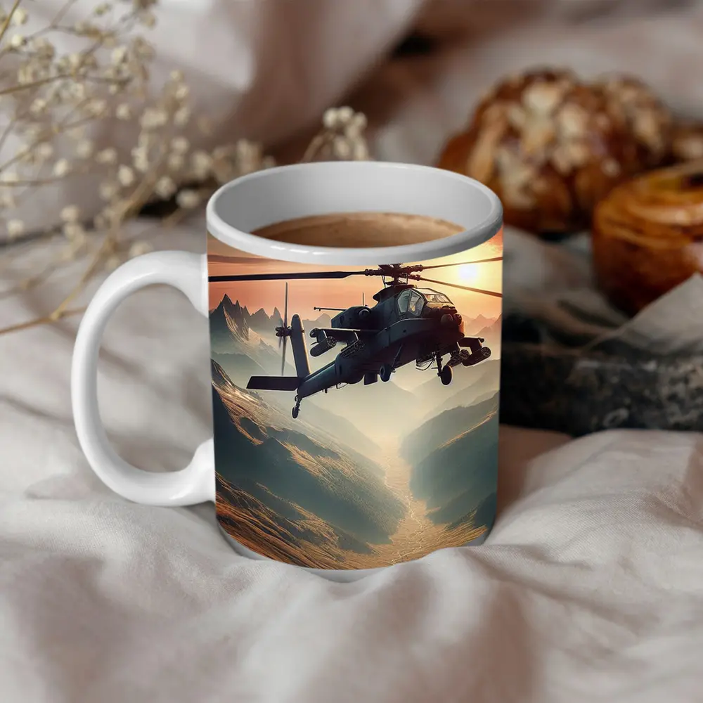 Military Apache Helicopter Flying Over Mountain Valley – Mugs