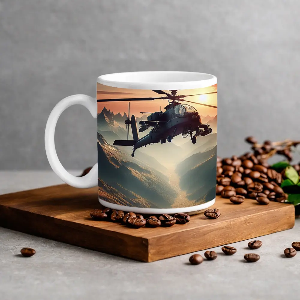 Military Apache Helicopter Flying Over Mountain Valley – Mugs