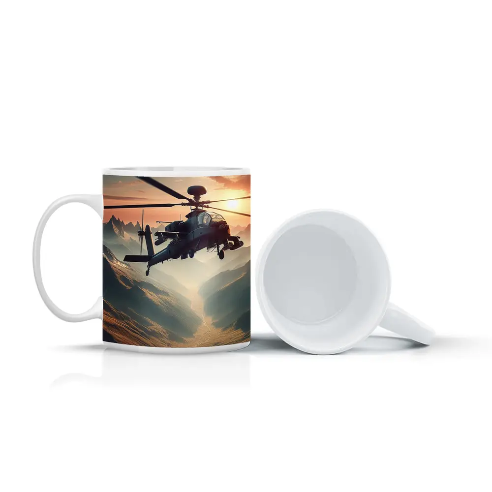 Military Apache Helicopter Flying Over Mountain Valley – Mugs