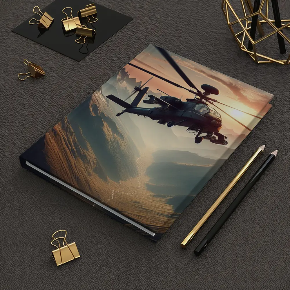 Military Apache Helicopter Flying Over Mountain Valley – Notebooks