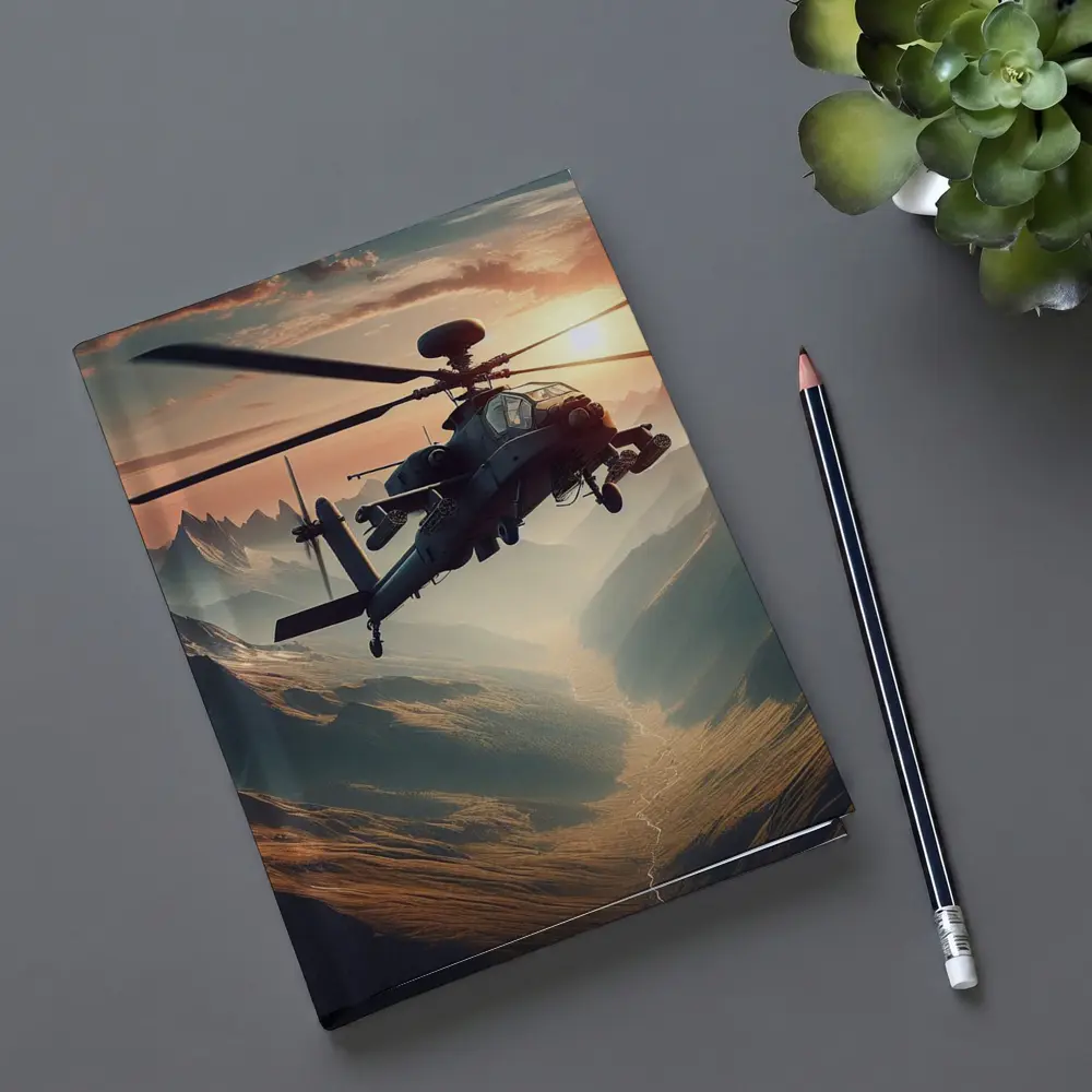 Military Apache Helicopter Flying Over Mountain Valley – Notebooks