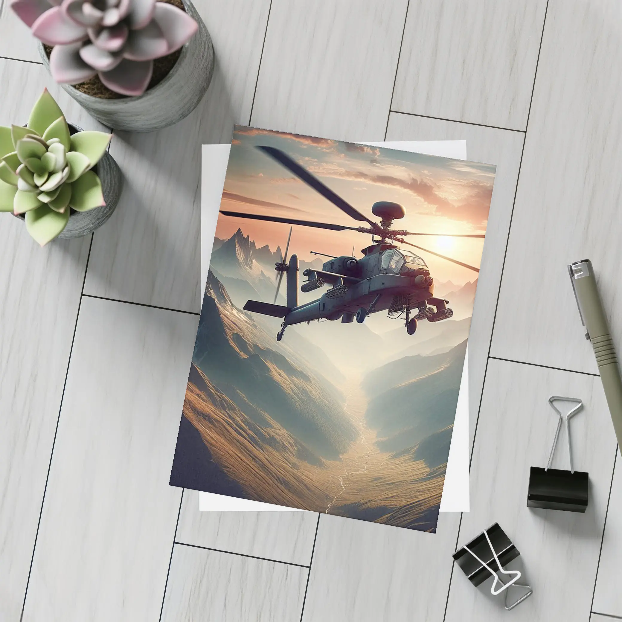 Military Apache Helicopter Flying Over Mountain Valley – Postcards