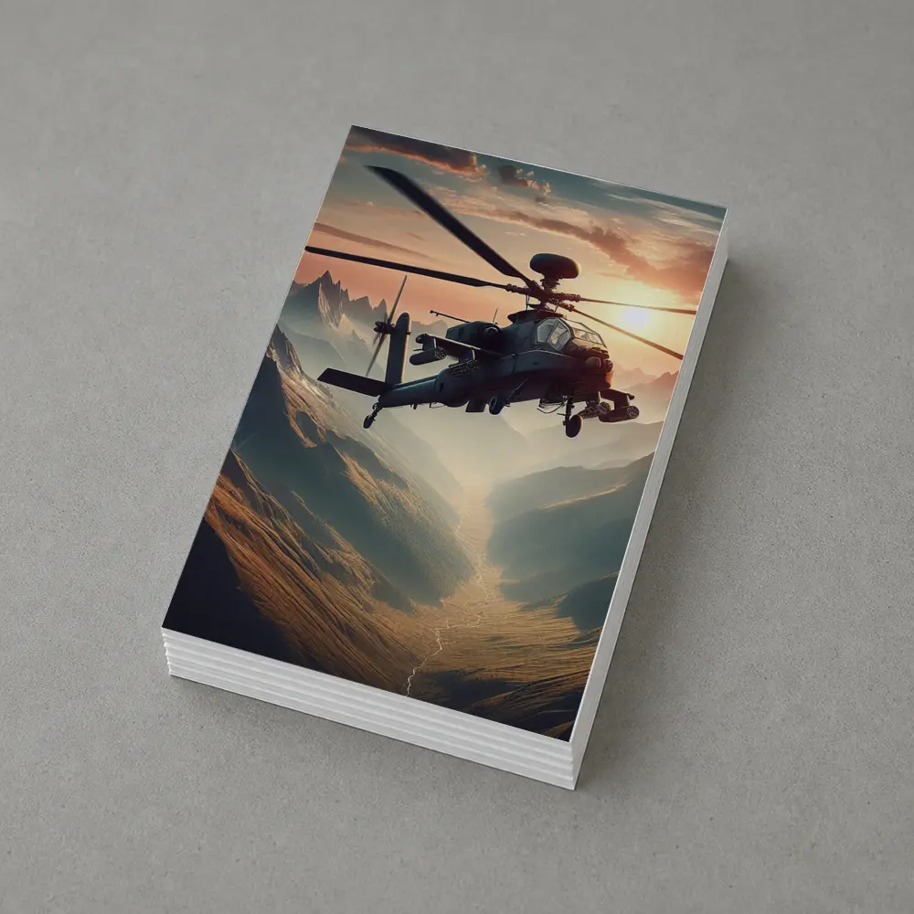 Military Apache Helicopter Flying Over Mountain Valley – Postcards