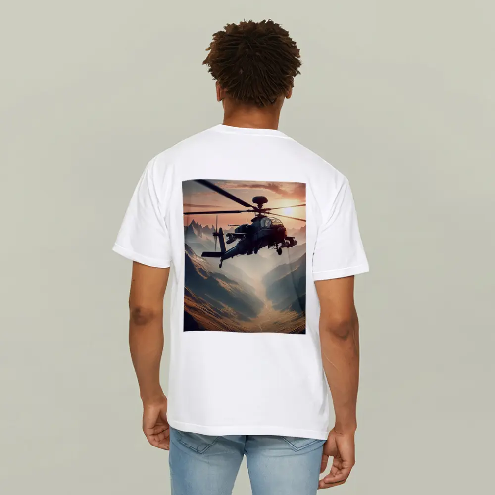 Military Apache Helicopter Flying Over Mountain Valley – T-Shirts