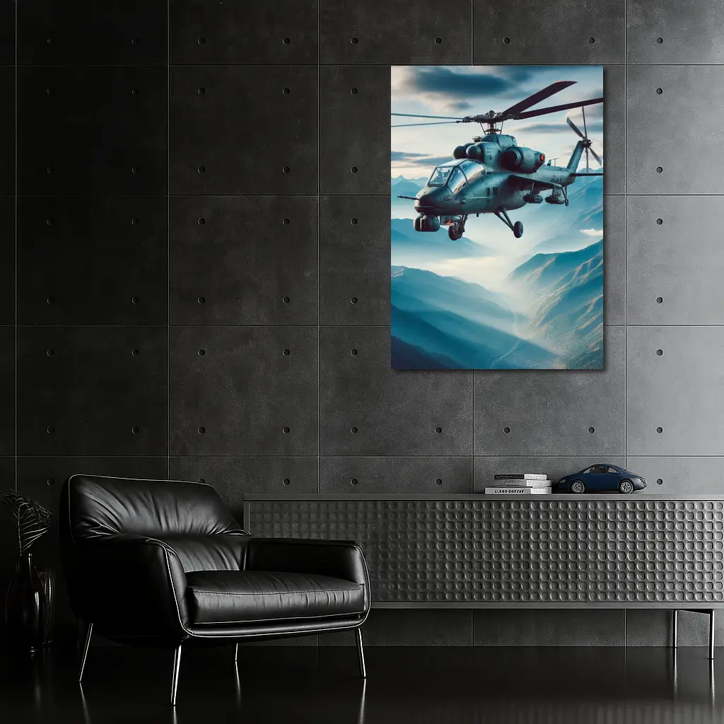 Military Attack Helicopter Flying Over Mountain Landscape – Wall Art