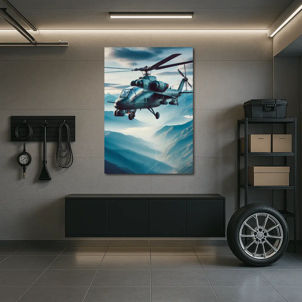 Military Attack Helicopter Flying Over Mountain Landscape – Wall Art