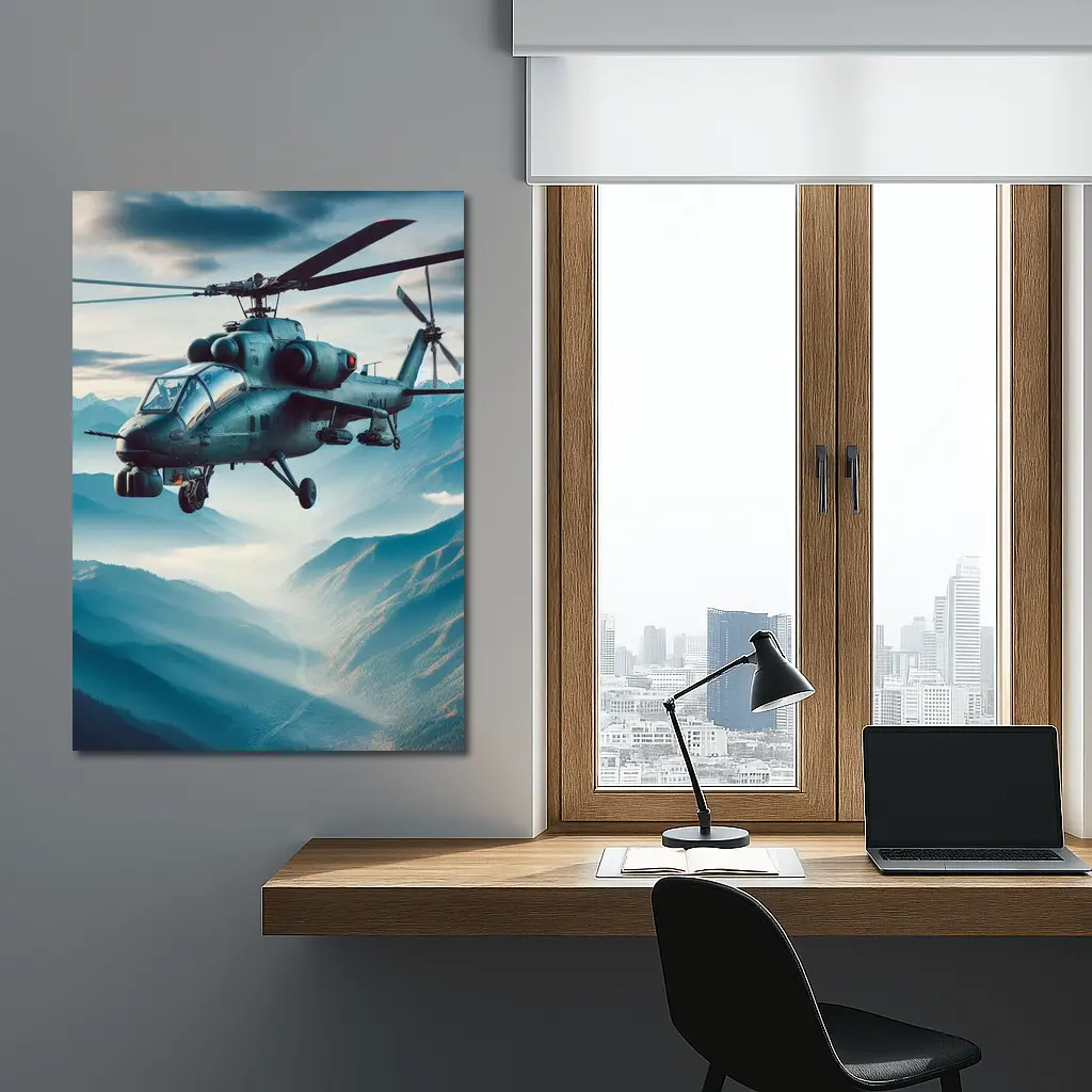 Military Attack Helicopter Flying Over Mountain Landscape – Wall Art