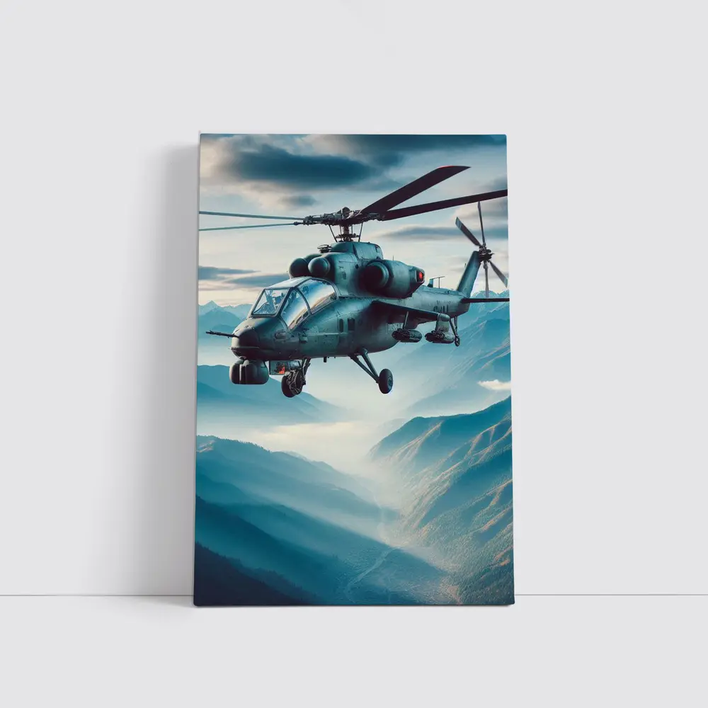 Military Attack Helicopter Flying Over Mountain Landscape – Wall Art