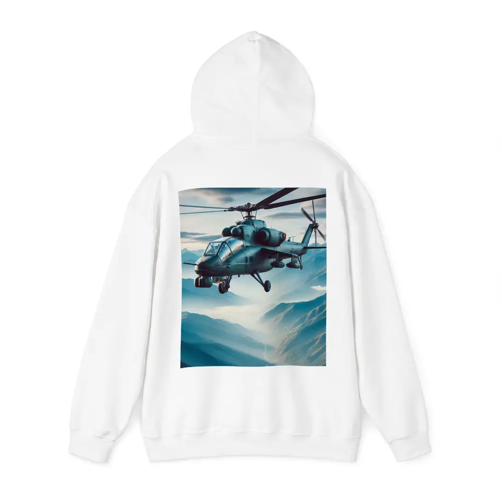 Military Attack Helicopter Flying Over Mountain Landscape – Hoodies