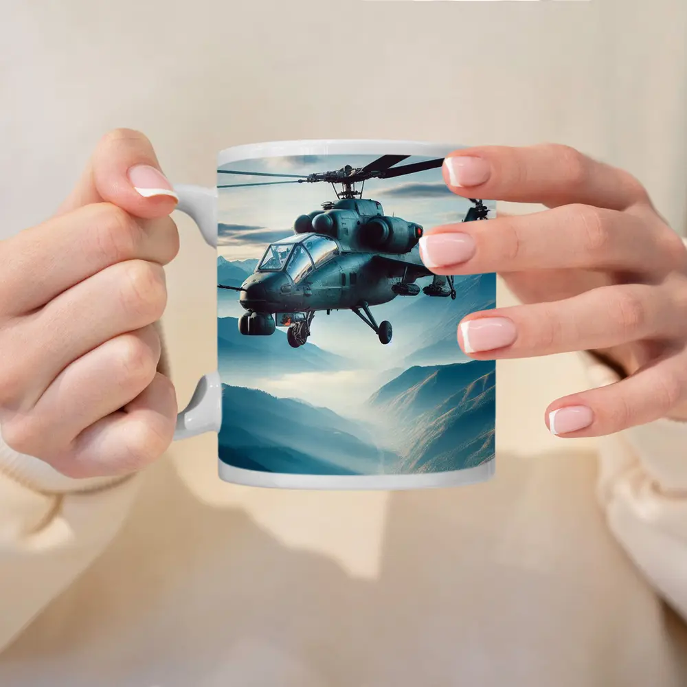 Military Attack Helicopter Flying Over Mountain Landscape – Mugs