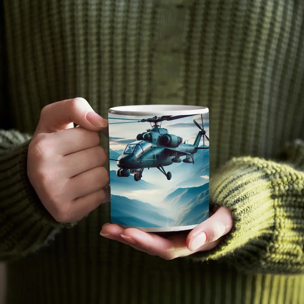 Military Attack Helicopter Flying Over Mountain Landscape – Mugs