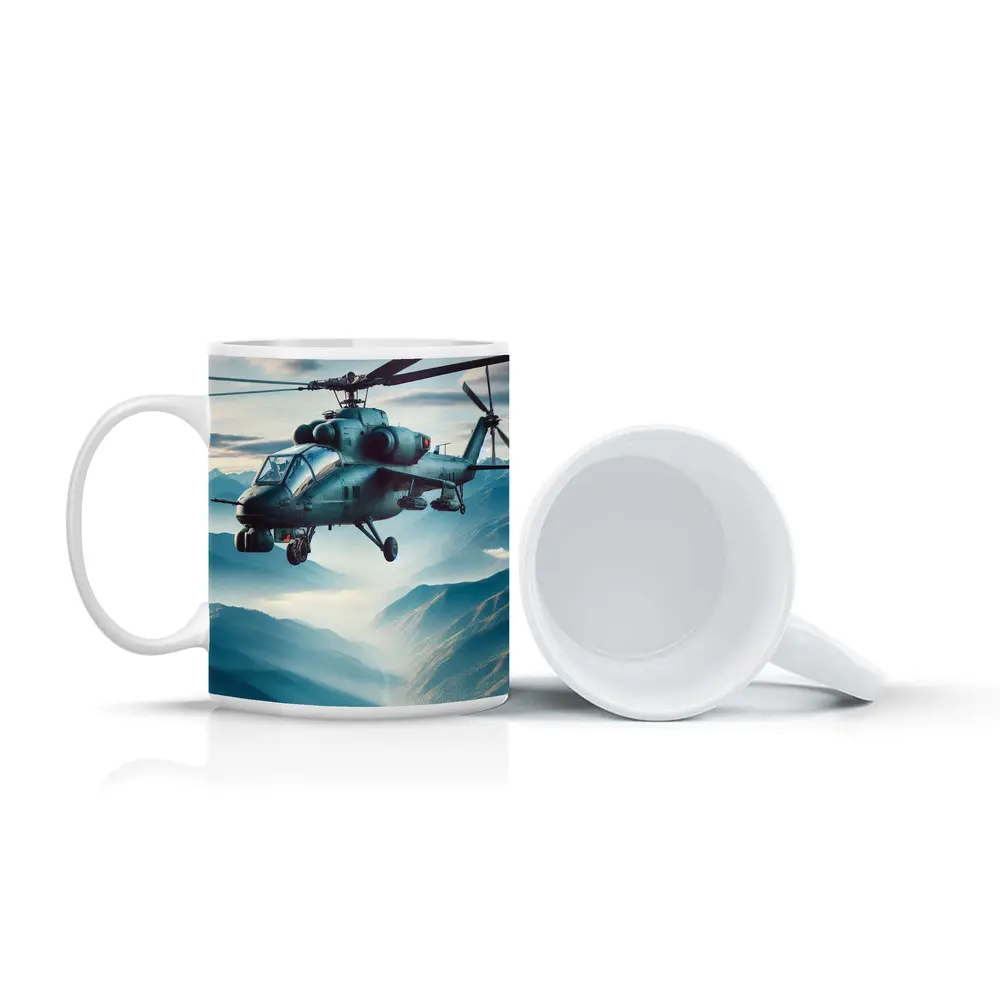 Military Attack Helicopter Flying Over Mountain Landscape – Mugs