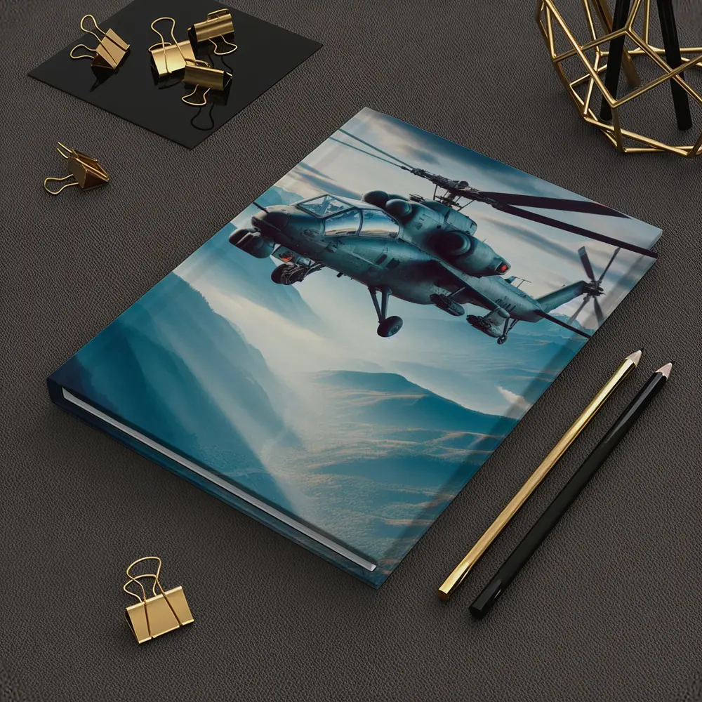 Military Attack Helicopter Flying Over Mountain Landscape – Notebooks