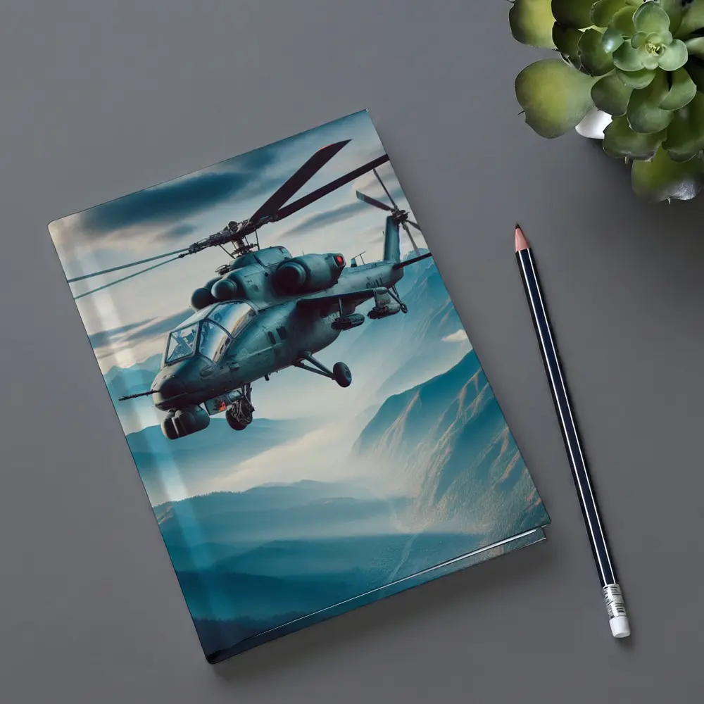 Military Attack Helicopter Flying Over Mountain Landscape – Notebooks