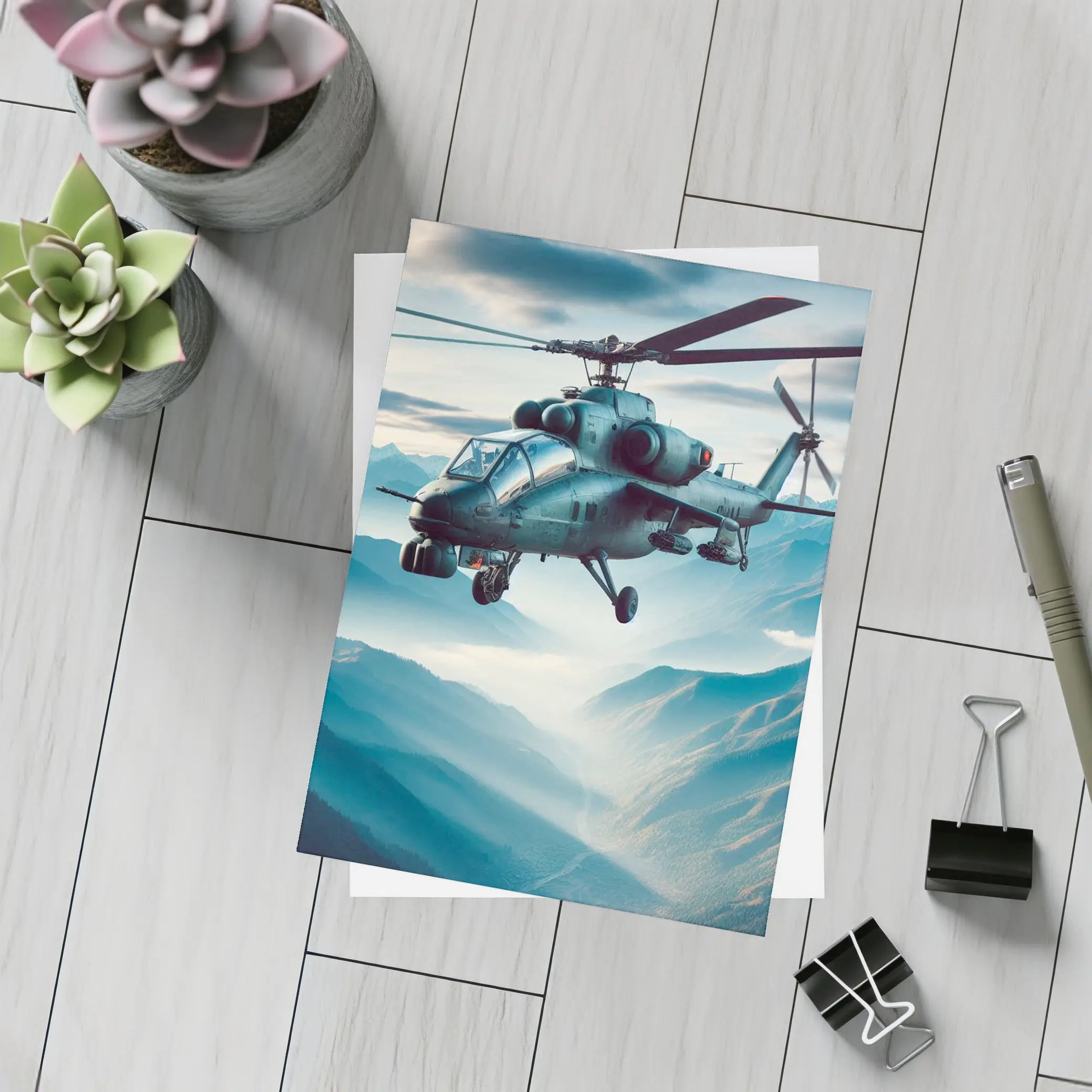 Military Attack Helicopter Flying Over Mountain Landscape – Postcards