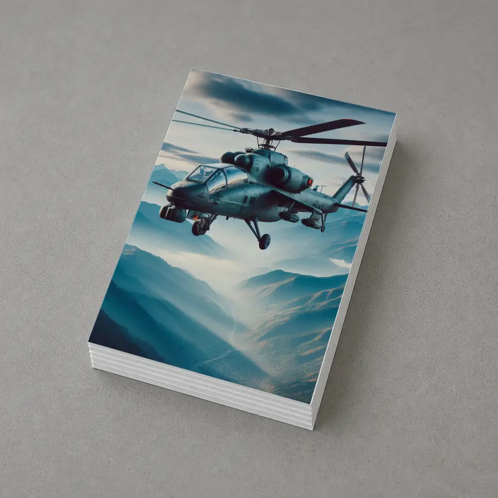 Military Attack Helicopter Flying Over Mountain Landscape – Postcards