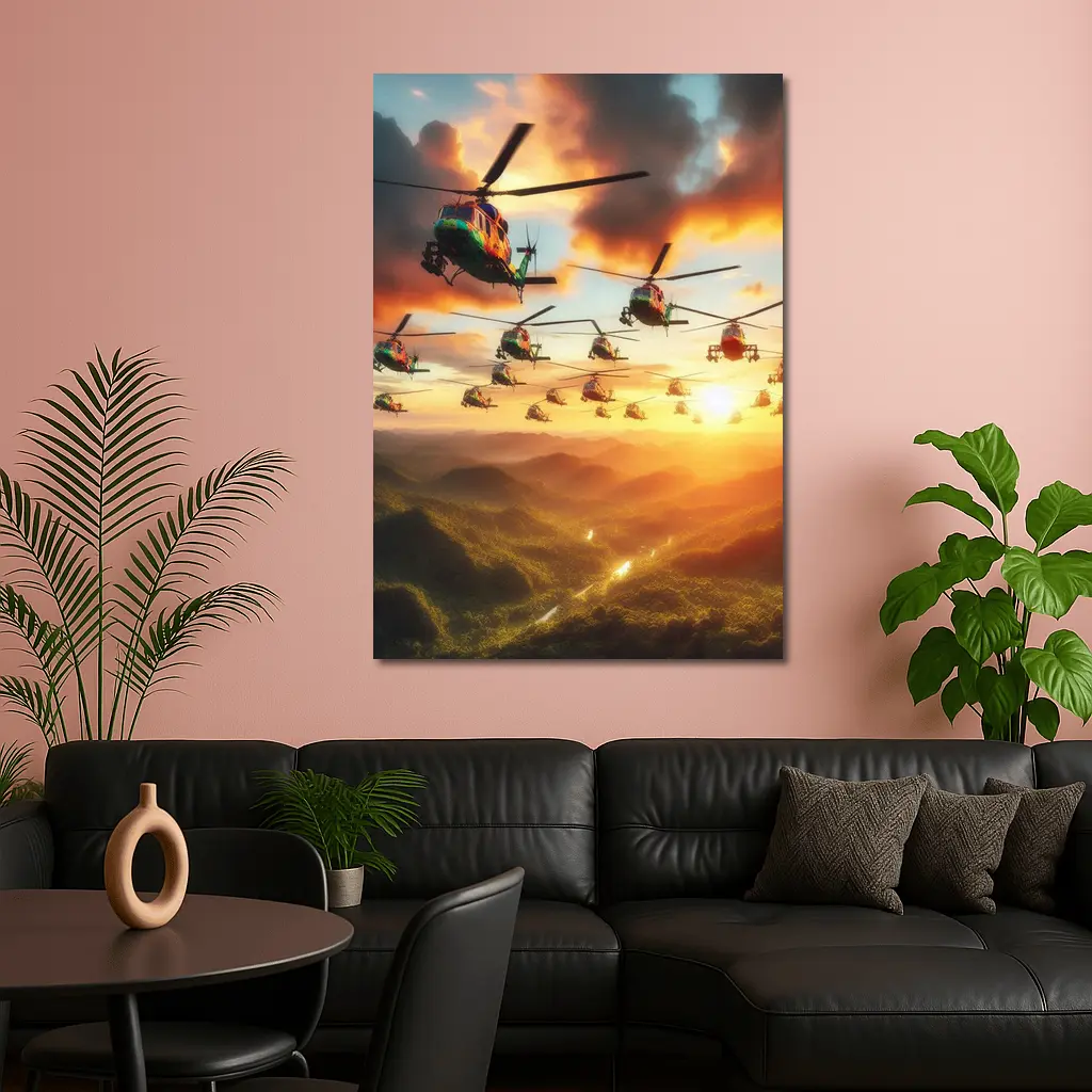 Military Helicopters Flying Over Jungle Sunset – Wall Art