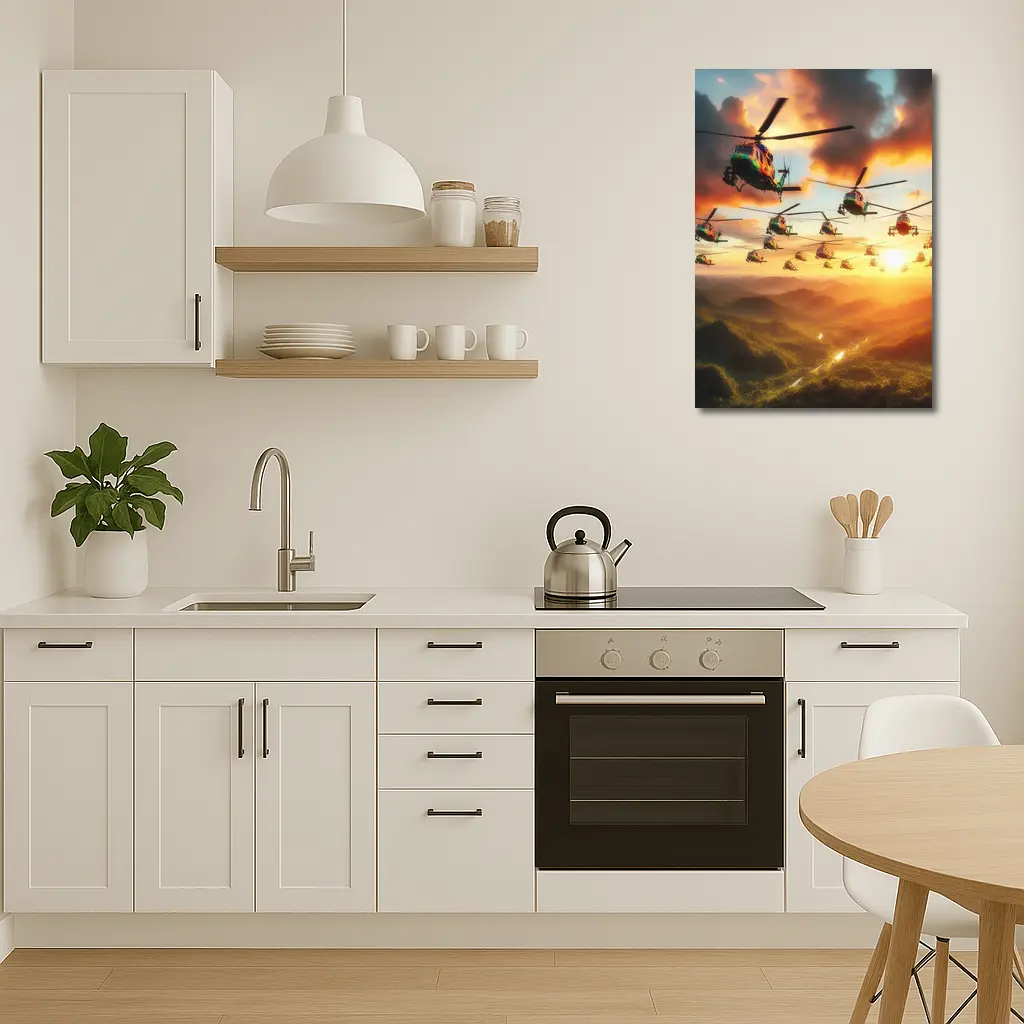 Military Helicopters Flying Over Jungle Sunset – Wall Art