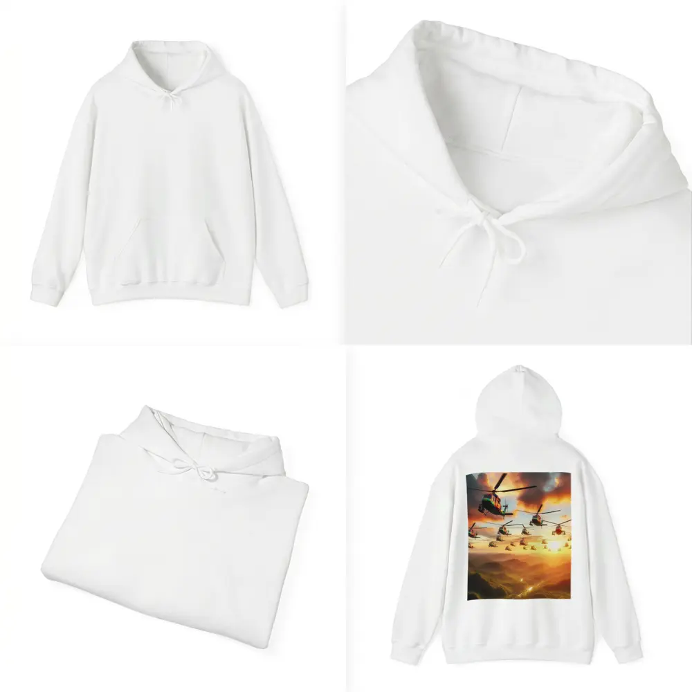 Military Helicopters Flying Over Jungle Sunset – Hoodies