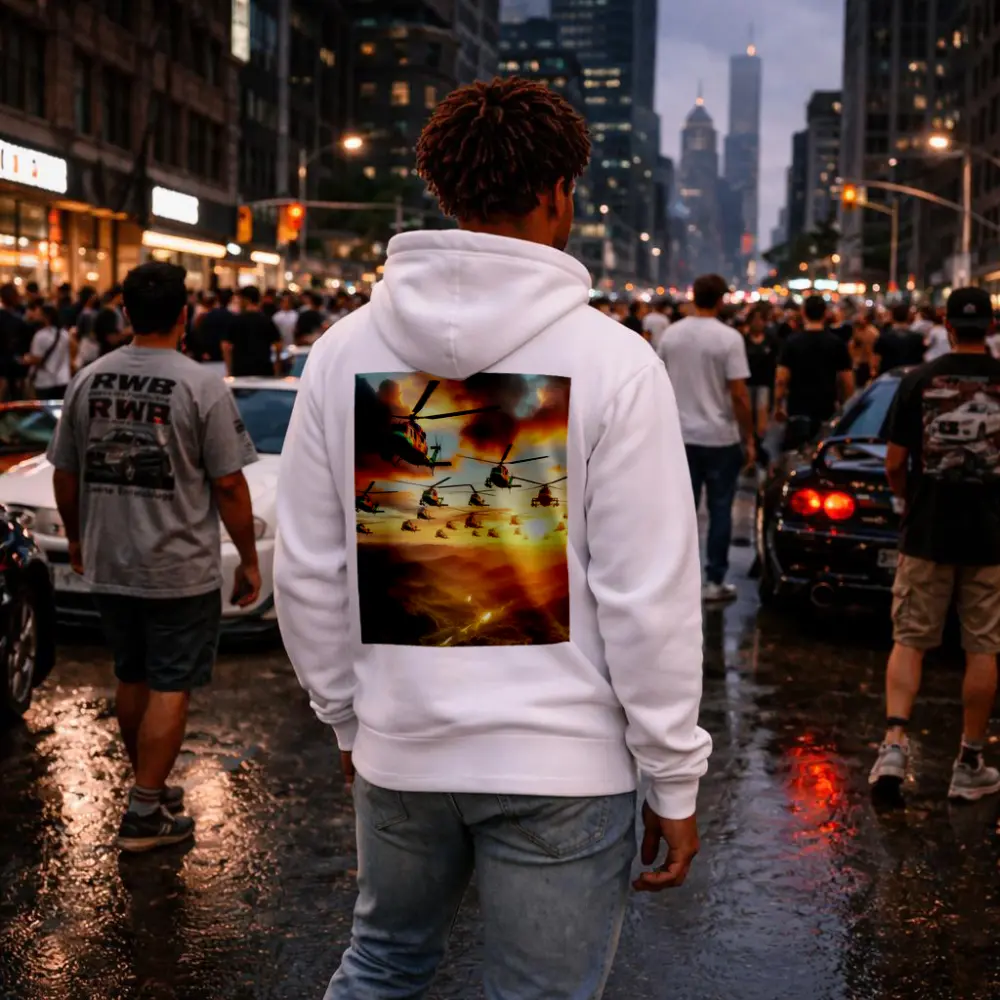 Military Helicopters Flying Over Jungle Sunset – Hoodies