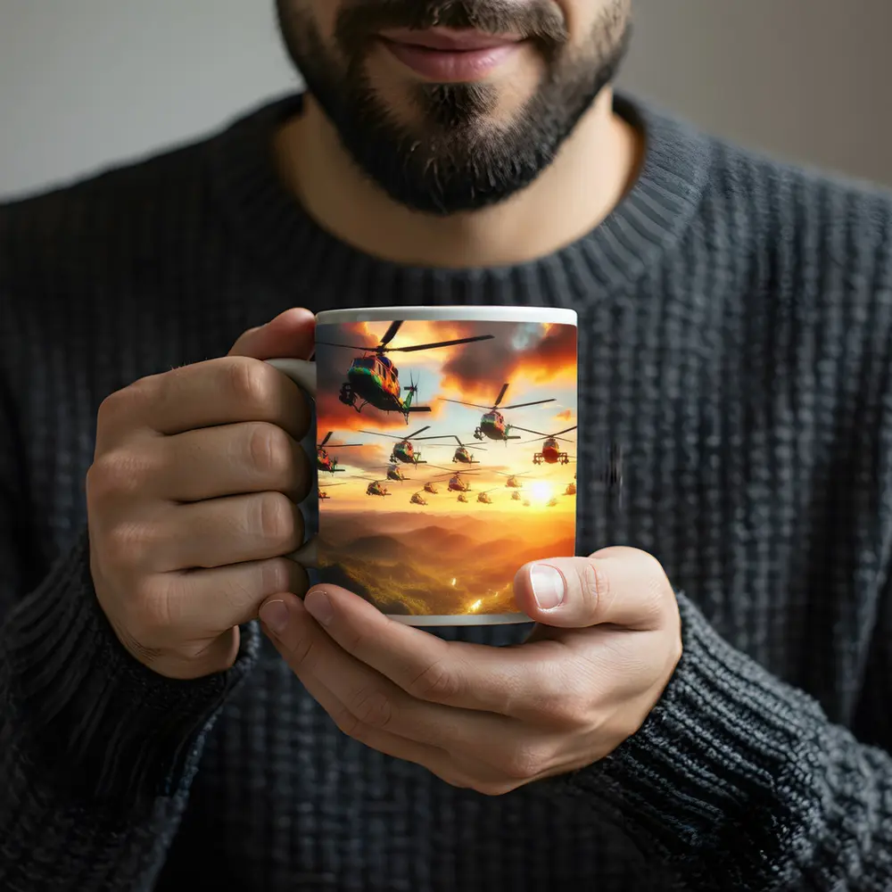 Military Helicopters Flying Over Jungle Sunset – Mugs
