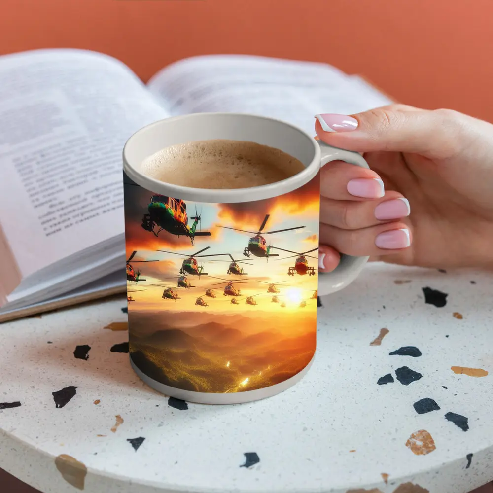 Military Helicopters Flying Over Jungle Sunset – Mugs