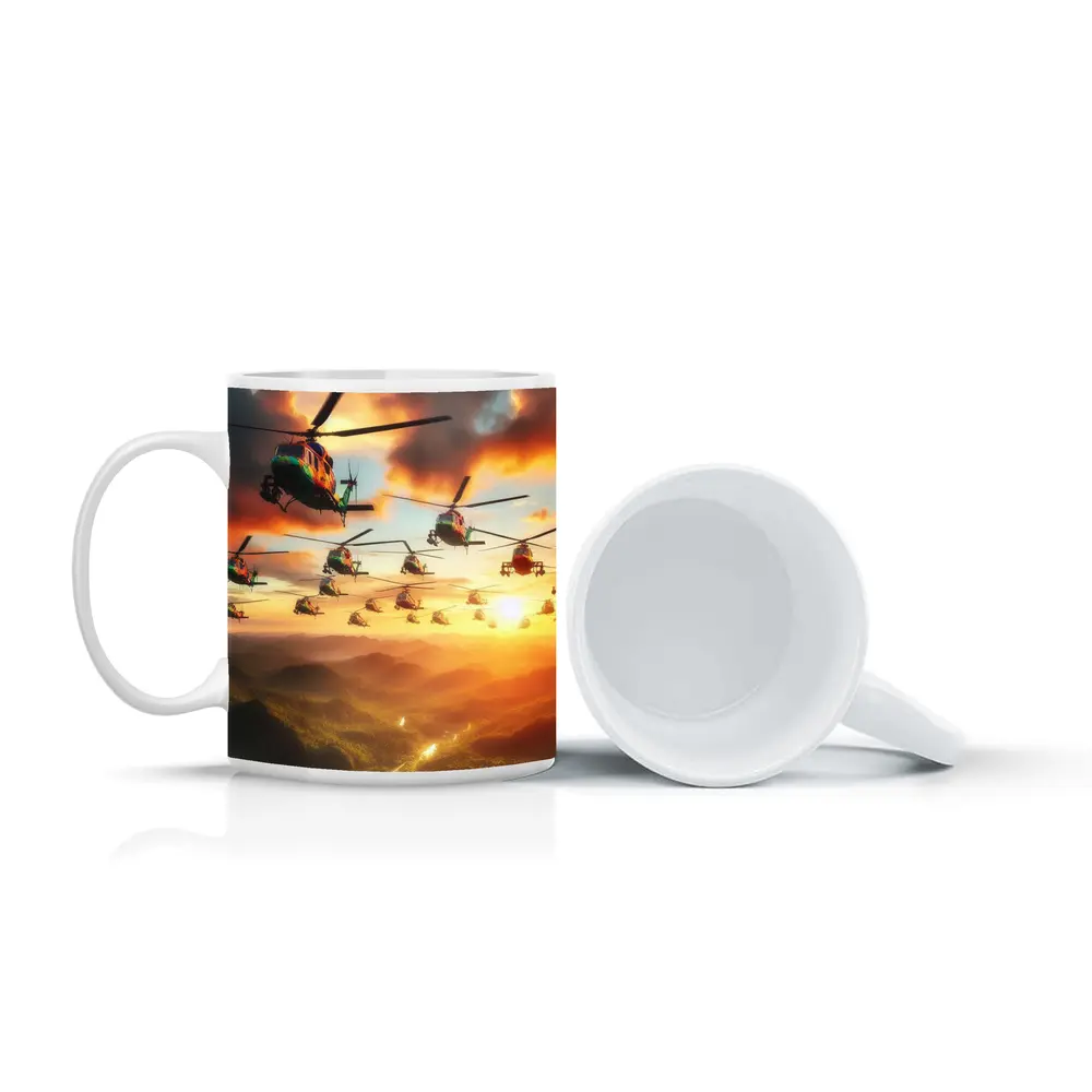Military Helicopters Flying Over Jungle Sunset – Mugs