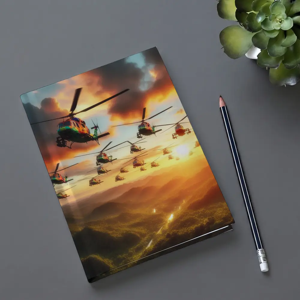 Military Helicopters Flying Over Jungle Sunset – Notebooks