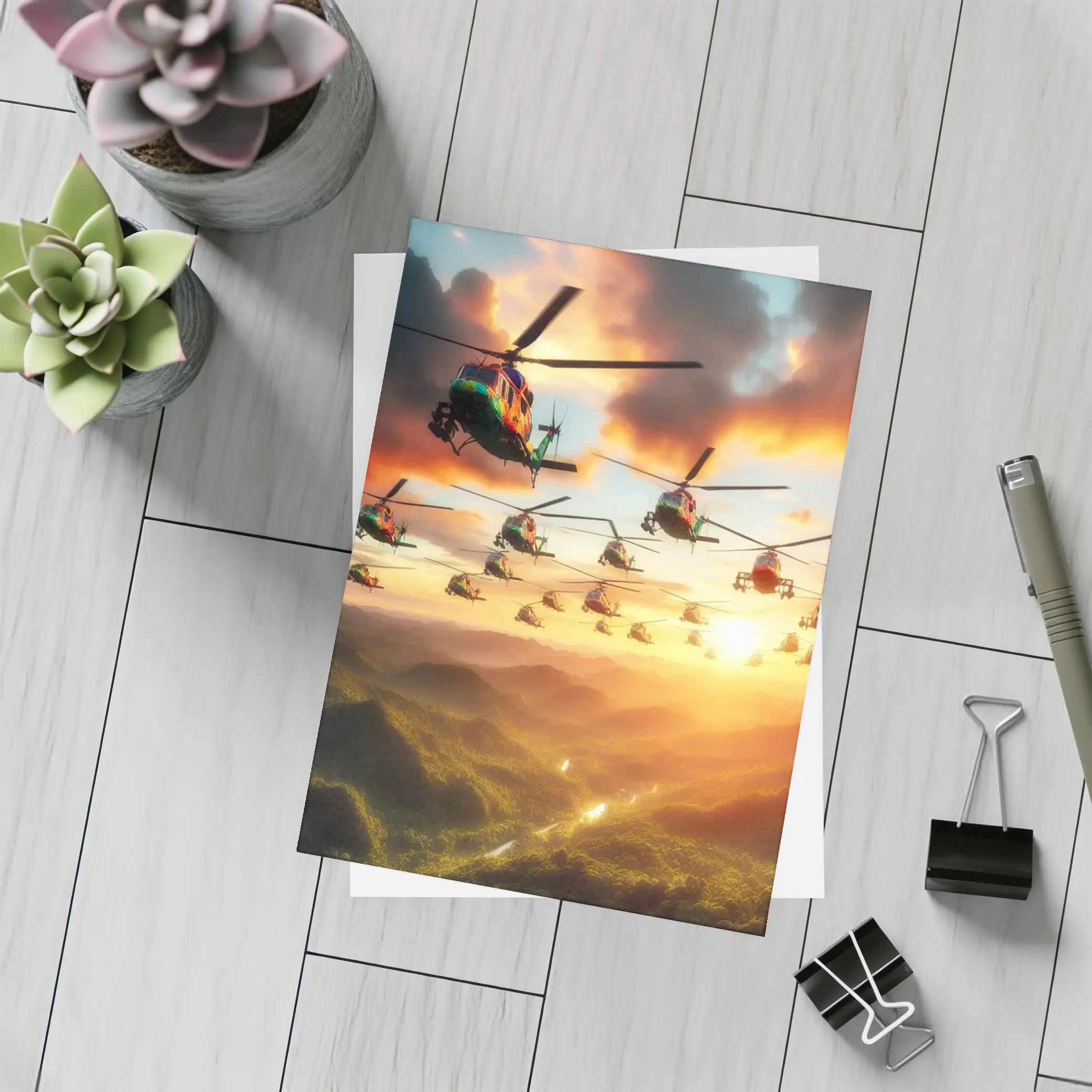 Military Helicopters Flying Over Jungle Sunset – Postcards