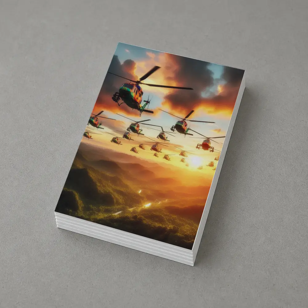 Military Helicopters Flying Over Jungle Sunset – Postcards