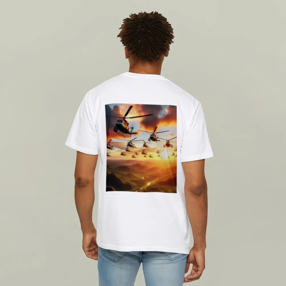 Military Helicopters Flying Over Jungle Sunset – T-Shirts