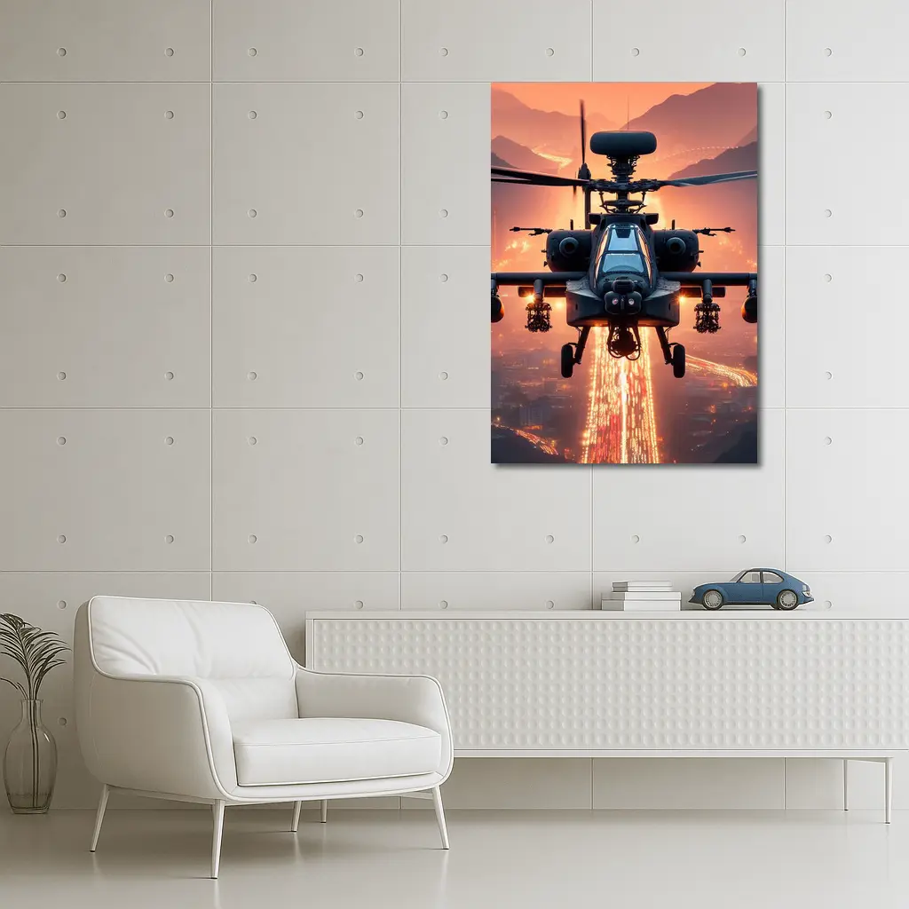 Apache Attack Helicopter Glowing City Sunset – Wall Art