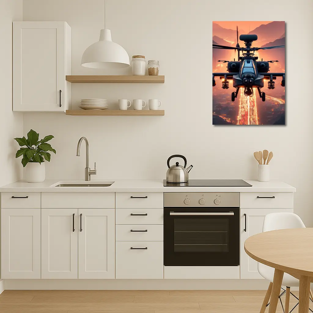 Apache Attack Helicopter Glowing City Sunset – Wall Art
