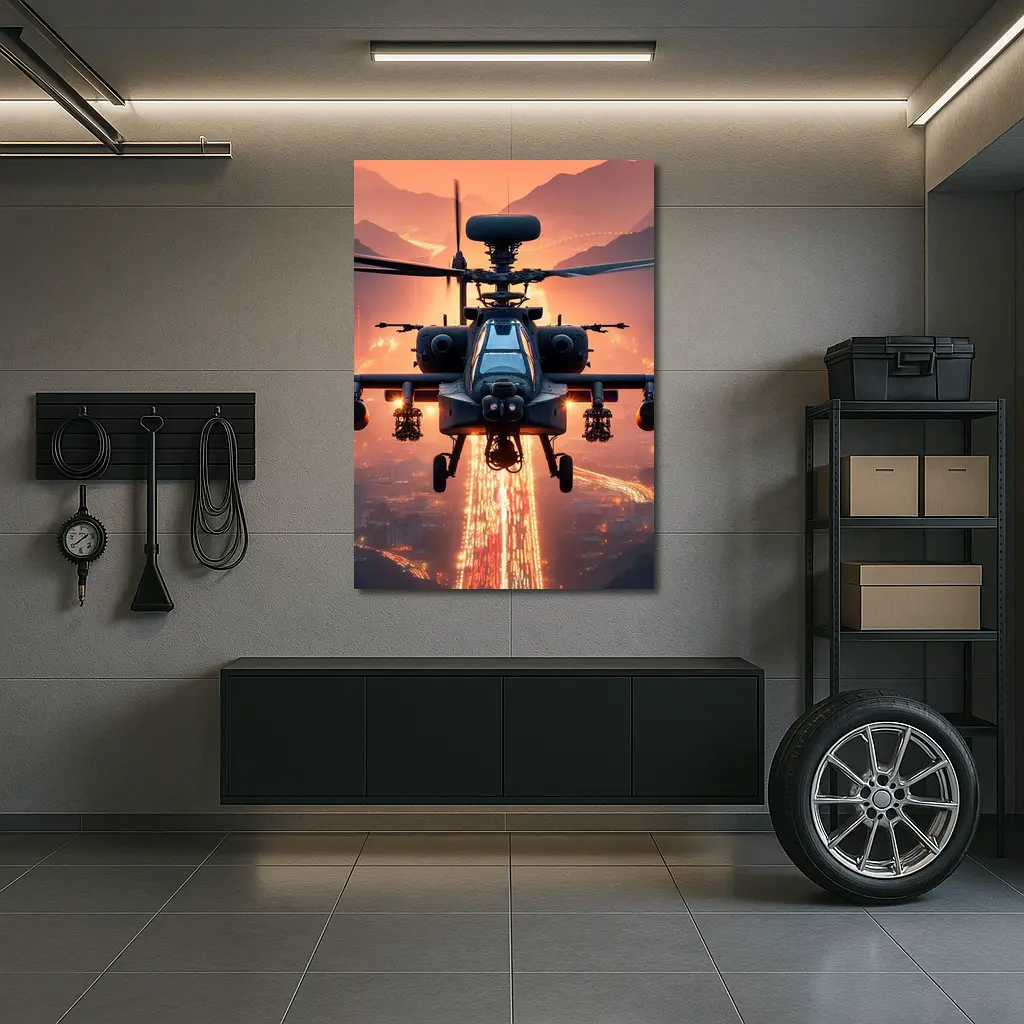 Apache Attack Helicopter Glowing City Sunset – Wall Art