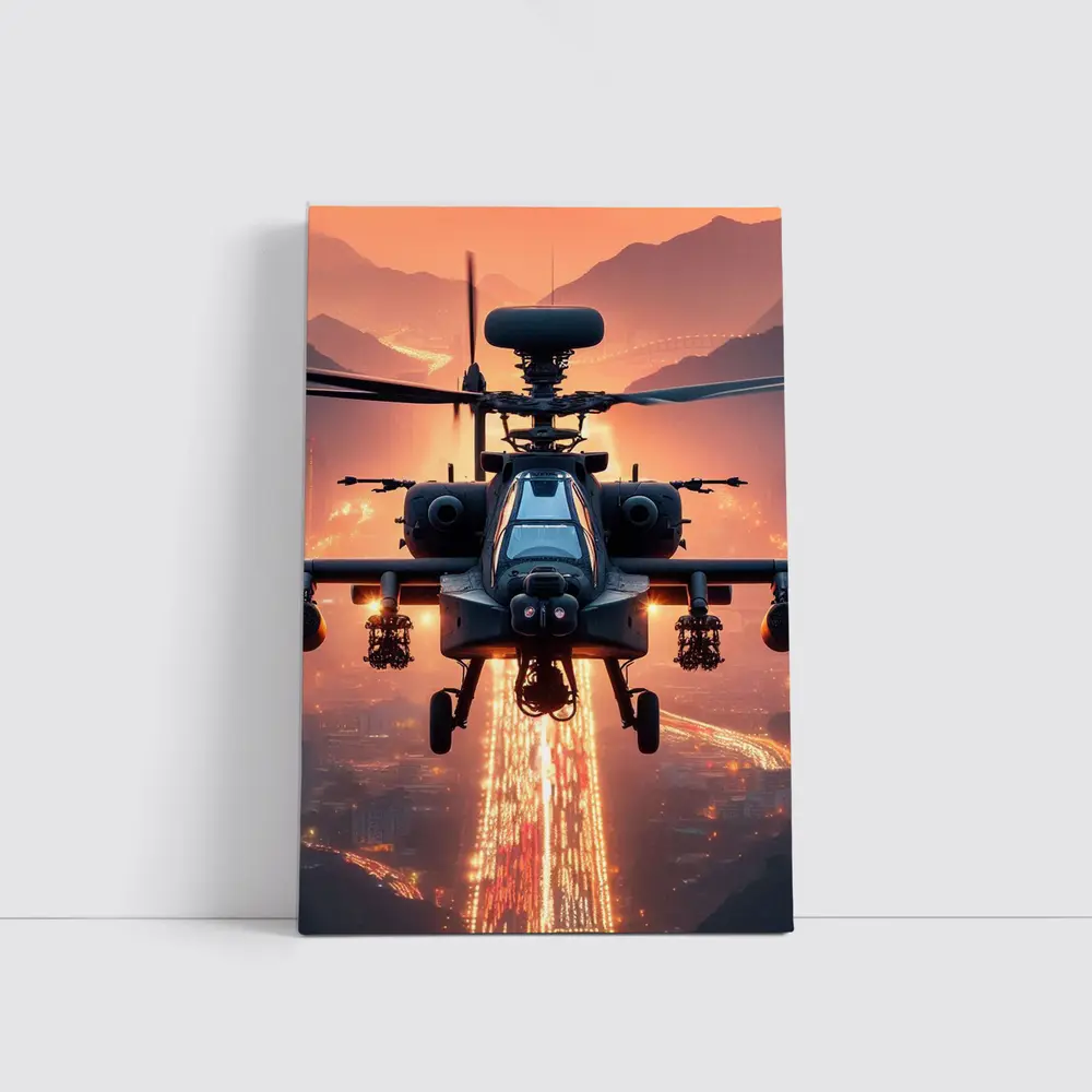 Apache Attack Helicopter Glowing City Sunset – Wall Art