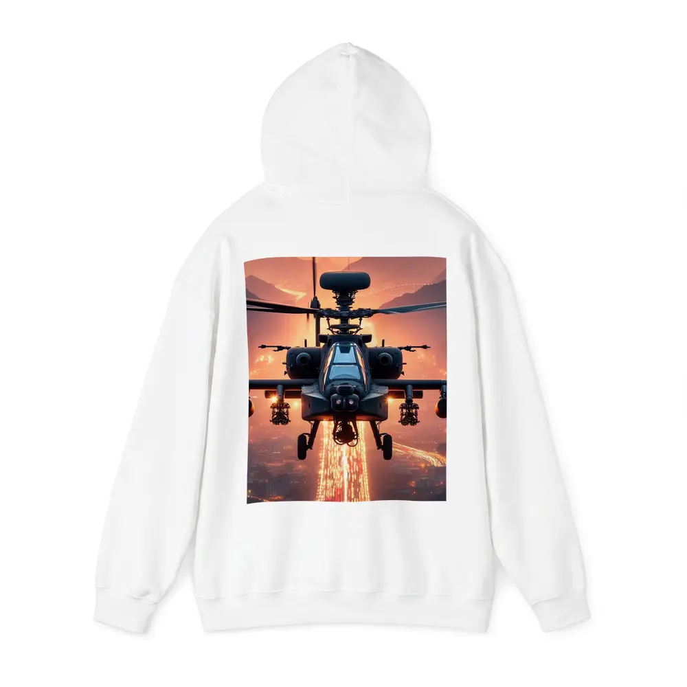 Apache Attack Helicopter Glowing City Sunset – Hoodies