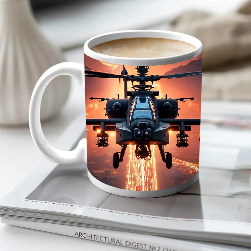 Apache Attack Helicopter Glowing City Sunset – Mugs