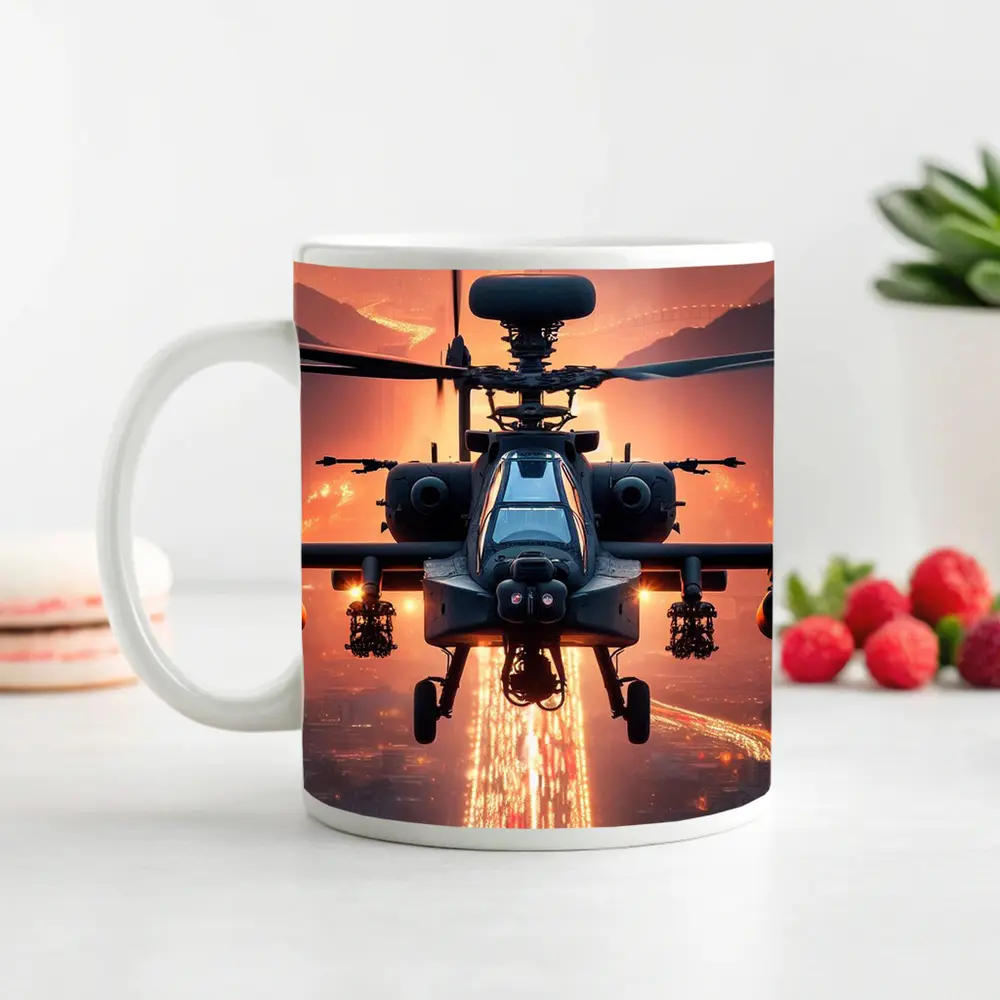 Apache Attack Helicopter Glowing City Sunset – Mugs