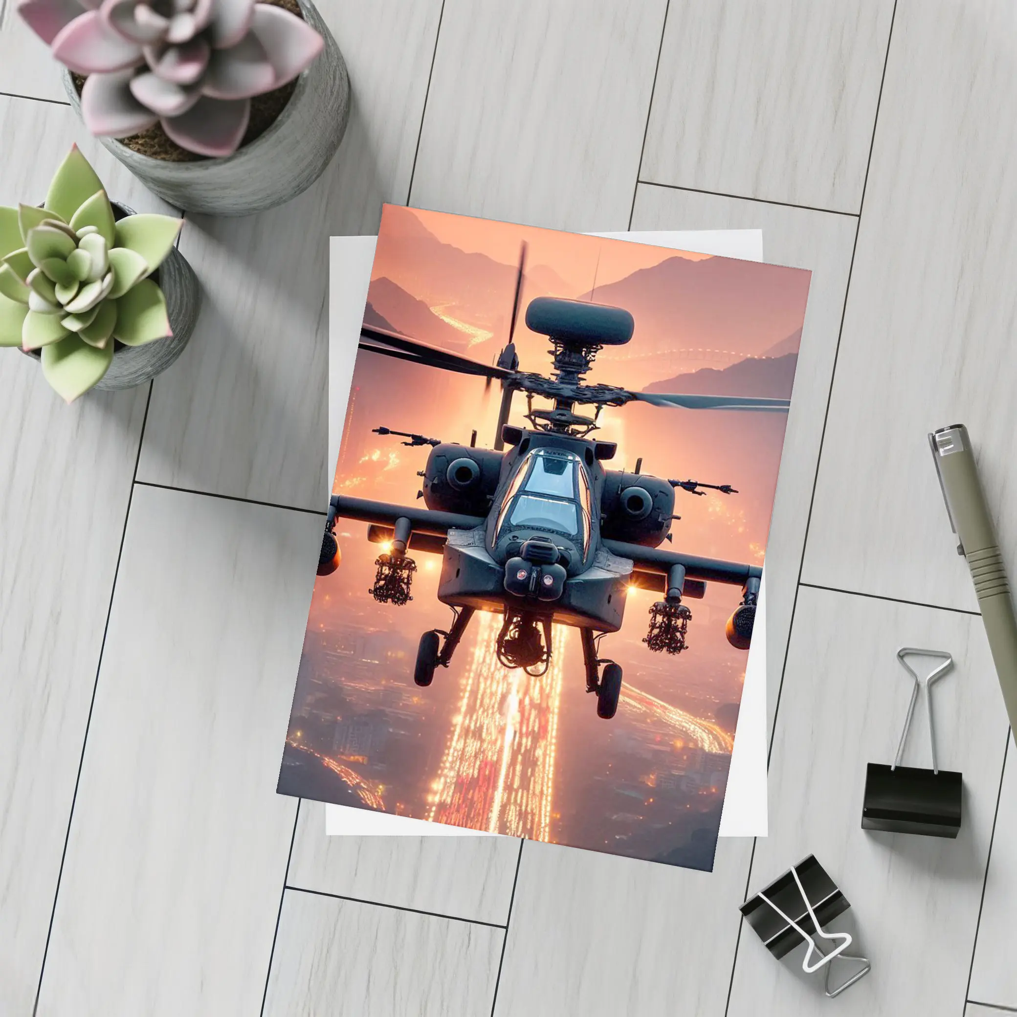 Apache Attack Helicopter Glowing City Sunset – Postcards
