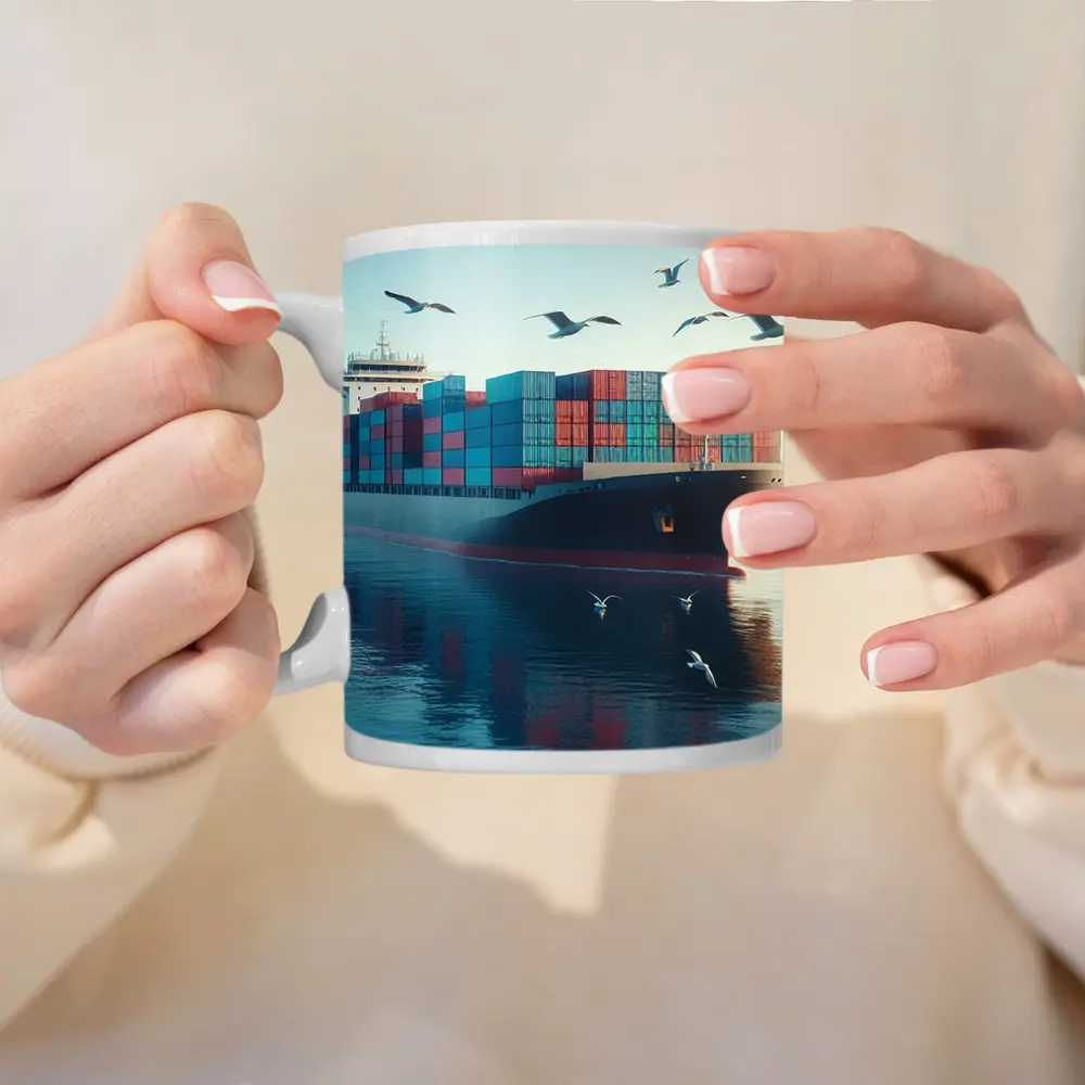 Container Ship Sailing Calm Blue Ocean Waters – Mugs