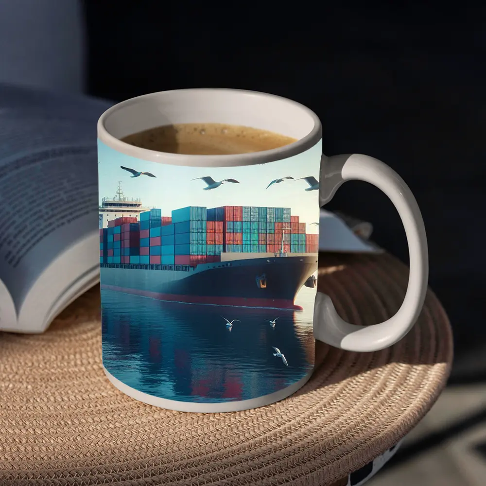 Container Ship Sailing Calm Blue Ocean Waters – Mugs