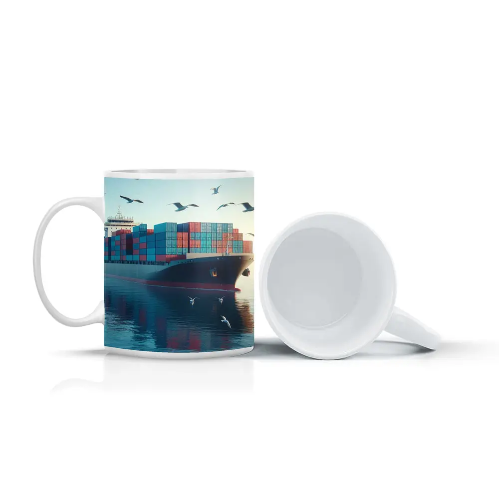 Container Ship Sailing Calm Blue Ocean Waters – Mugs