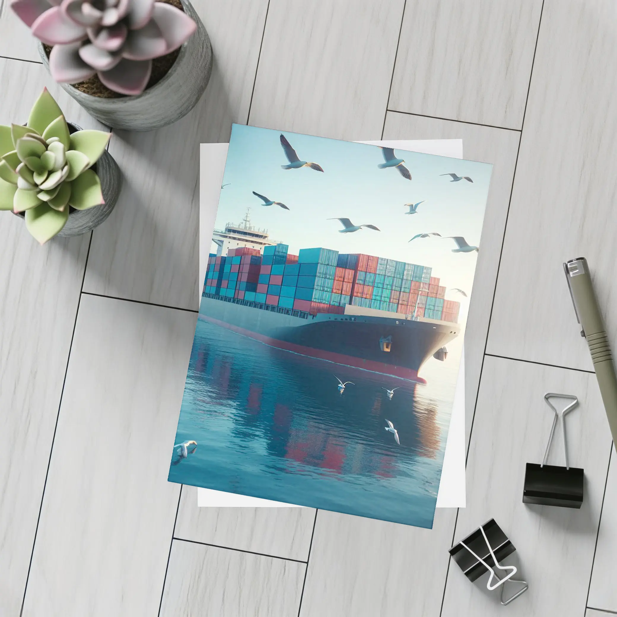 Container Ship Sailing Calm Blue Ocean Waters – Postcards