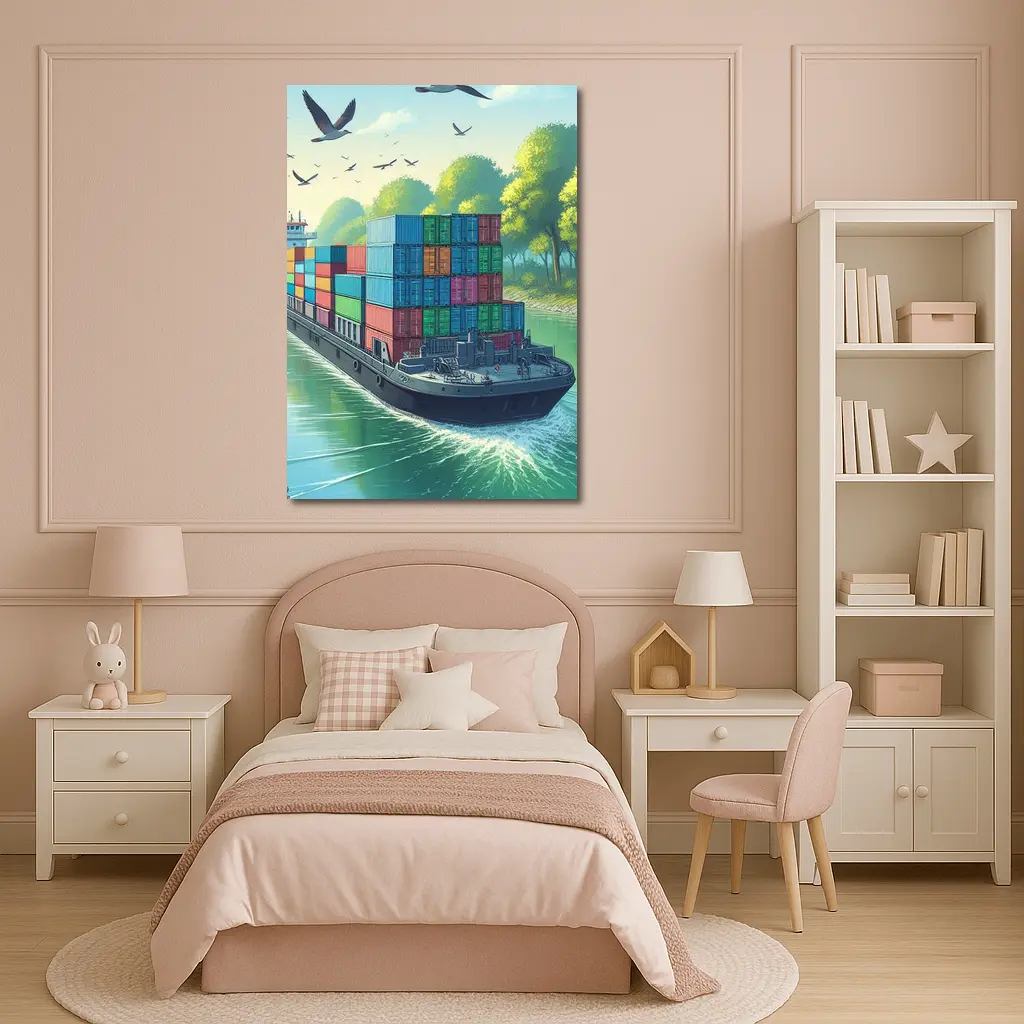 Container Ship Sailing Green Canal Illustration – Wall Art