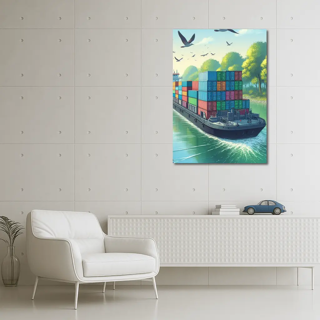 Container Ship Sailing Green Canal Illustration – Wall Art