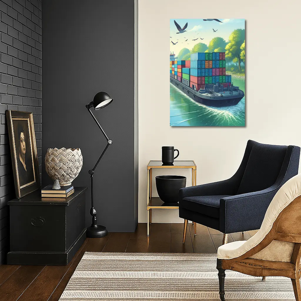 Container Ship Sailing Green Canal Illustration – Wall Art