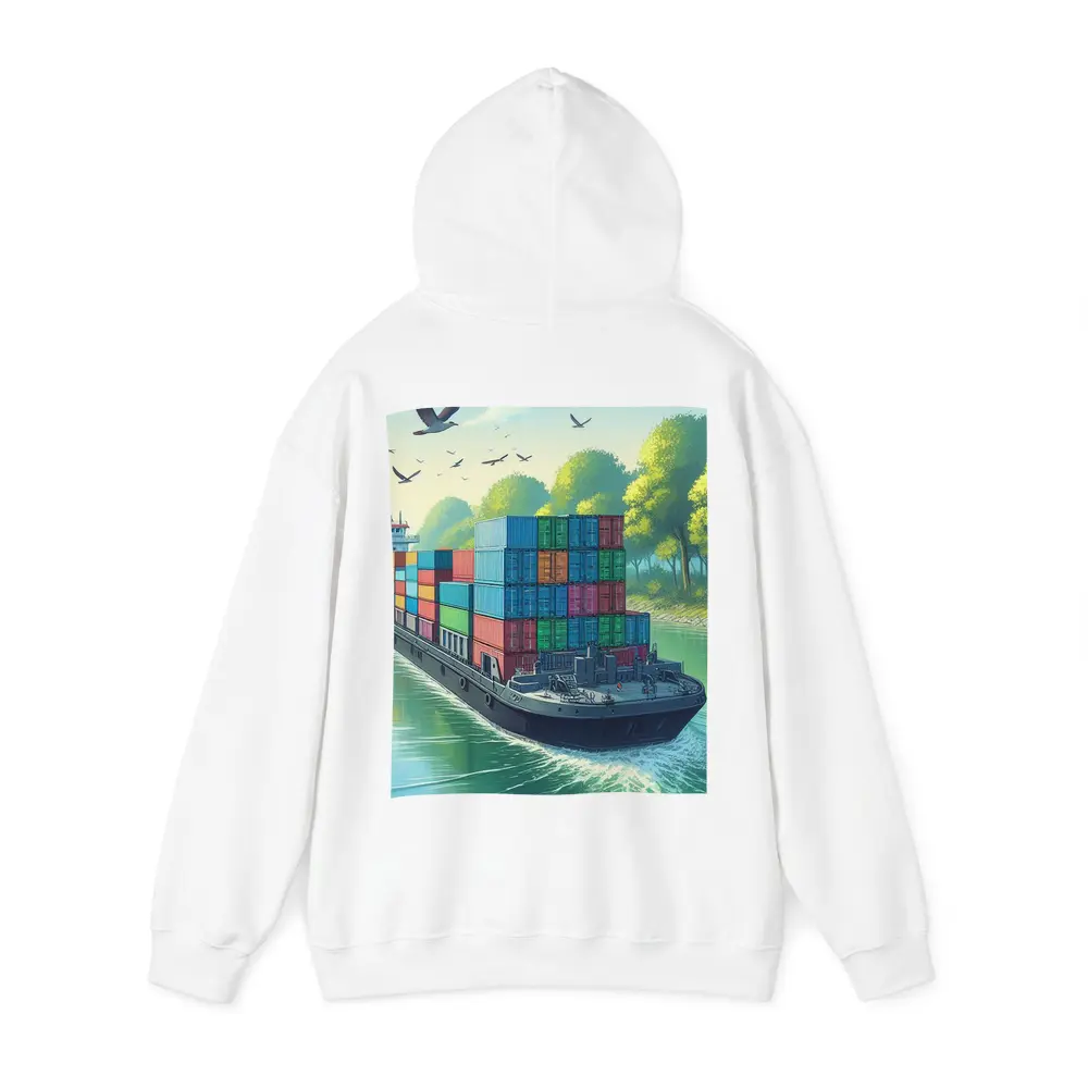 Container Ship Sailing Green Canal Illustration – Hoodies