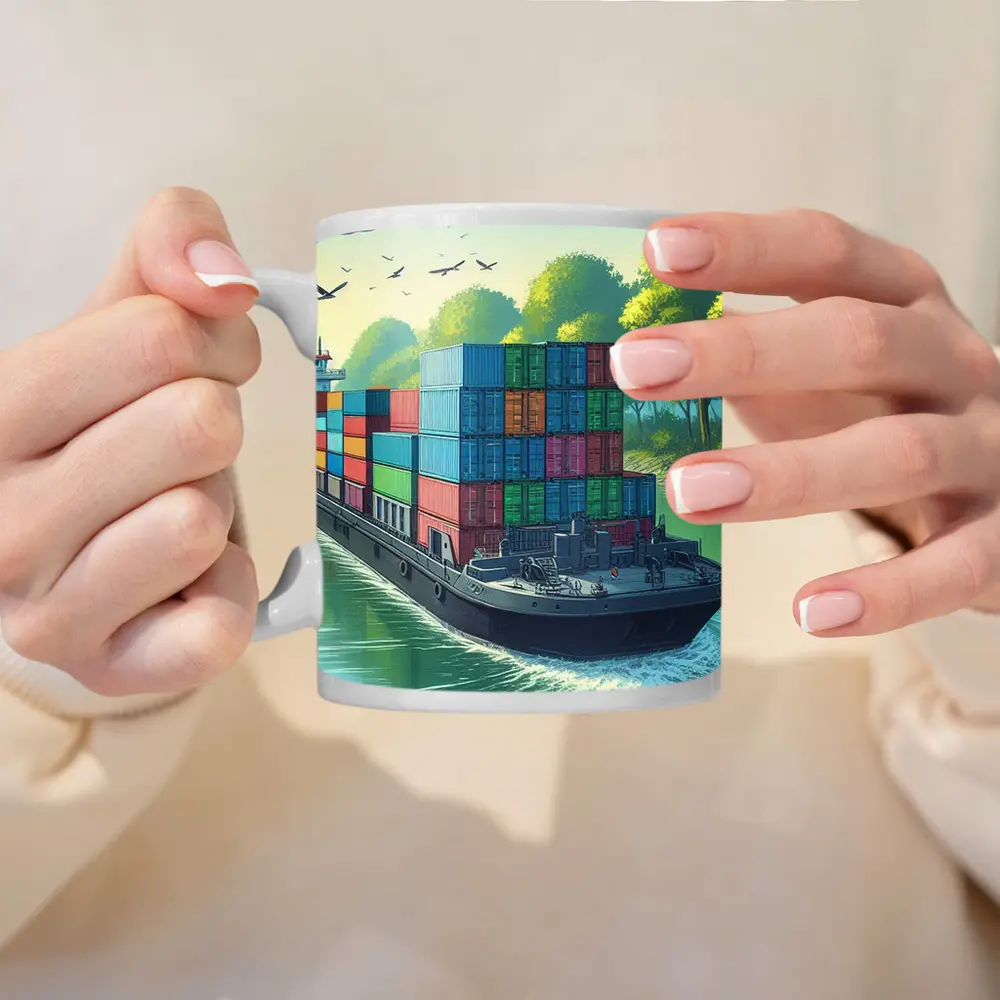 Container Ship Sailing Green Canal Illustration – Mugs