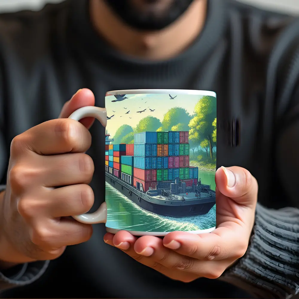 Container Ship Sailing Green Canal Illustration – Mugs
